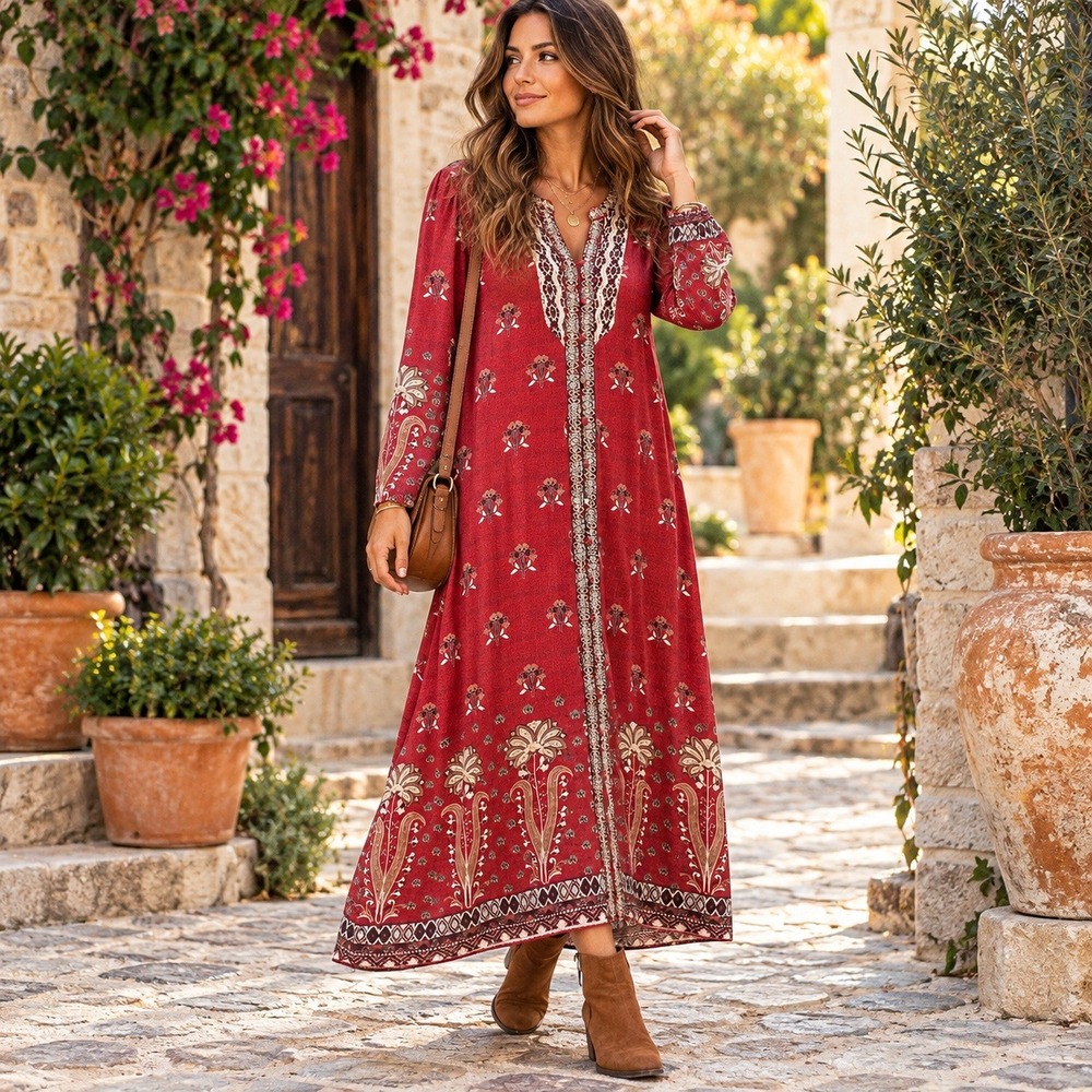 Soft Surroundings Red Floral Embroidered Sequin Rayon Maxi Dress Womens Pockets